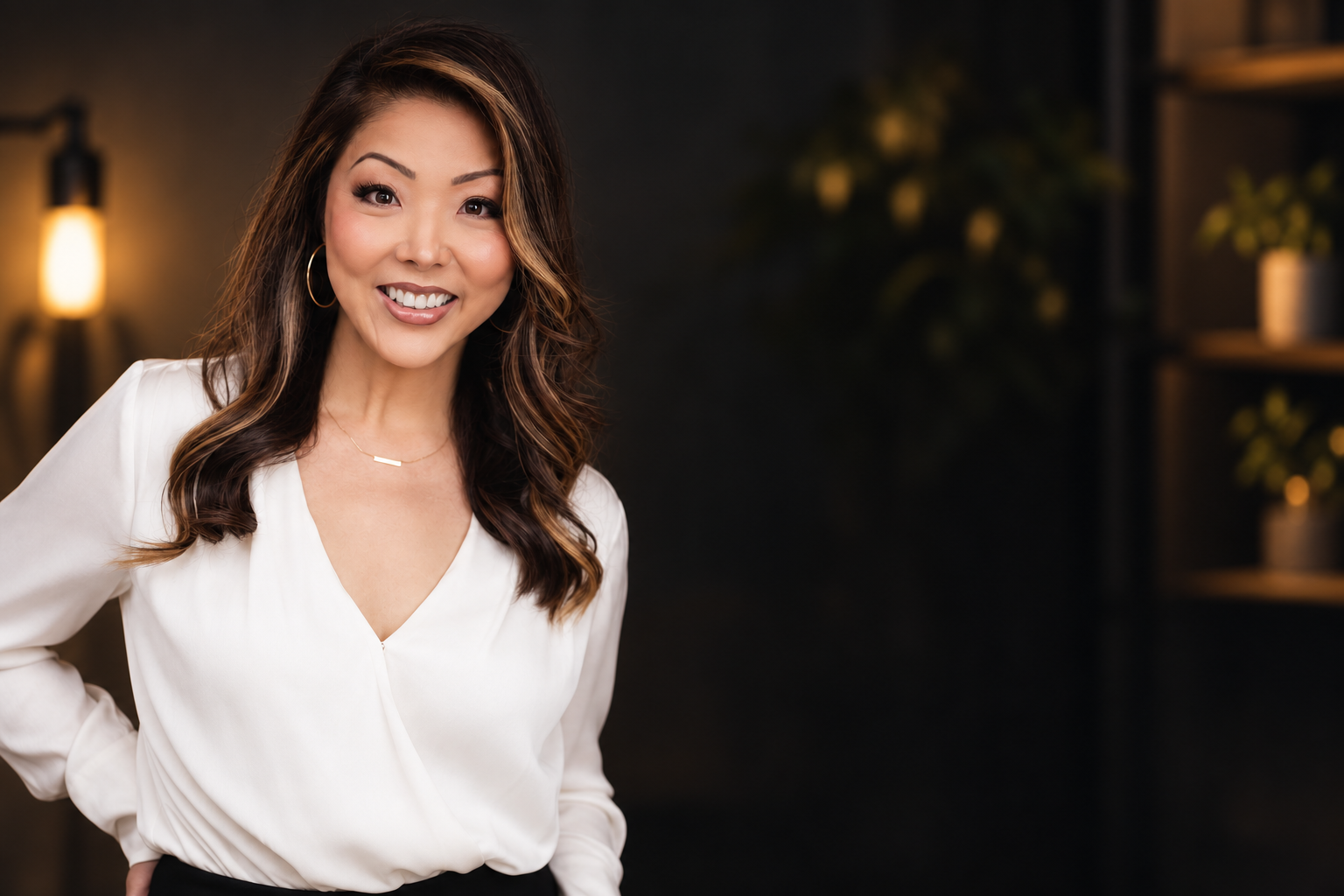 Chenise Kanemoto smiling in a warmly lit studio